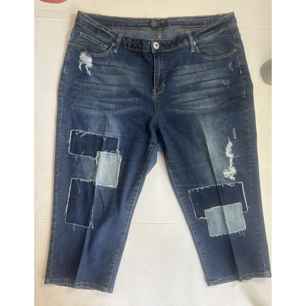 Ashley Stewart Womens Patchwork Distressed Crop Jeans Blue Denim Size 18 Capri